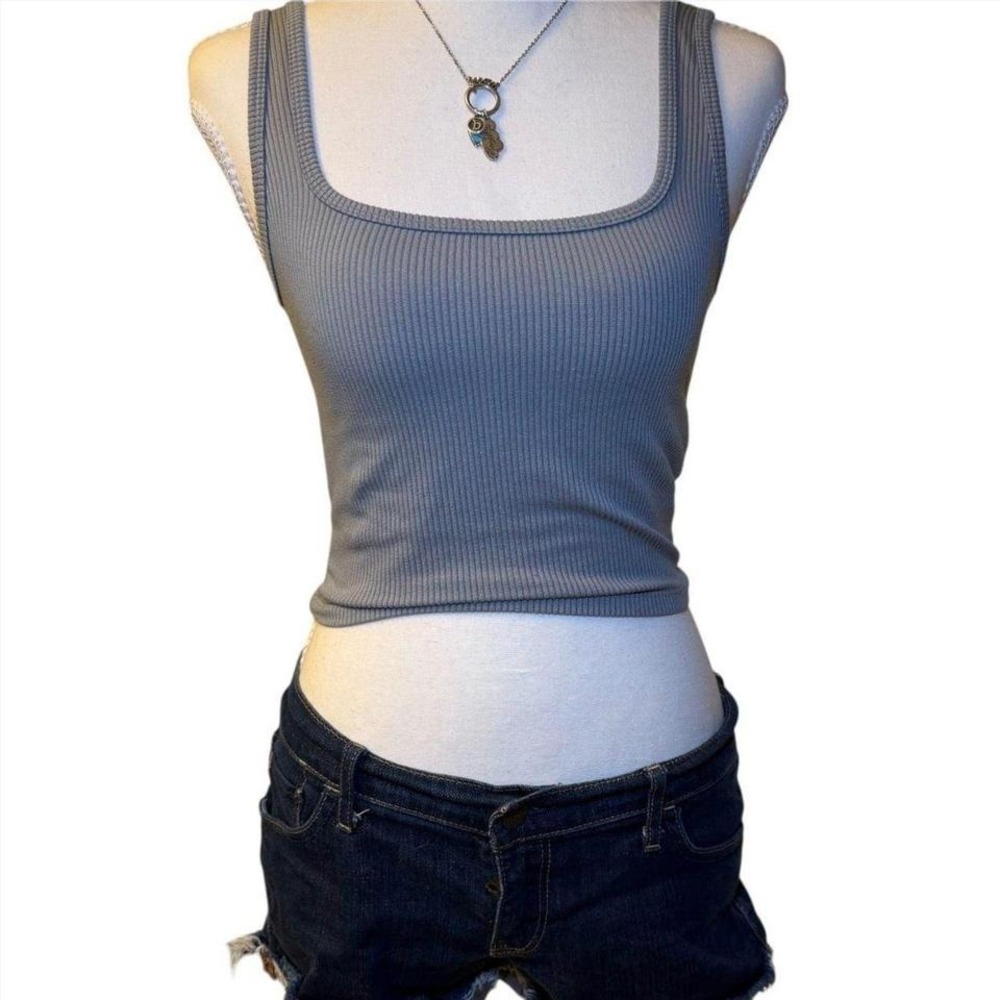 Hollister Ribbed Square Neck Crop Tank Top In Steel Blue
